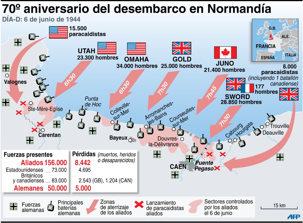 Mapa detallado del desembarco aliado del 6 de junio de 1944 en las playas normandas