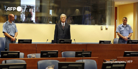 Former Bosnian Serb leader Radovan Karadzic (C) at the International Criminal Tribunal for the Former Yugoslavia in The Hague on July 31, 2008 Jerry Lampen - AFP
