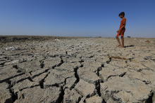 Un jeune garçon marche dans un marais desséché par le baisse du niveau d'eau dans le sud de l'Irak. 